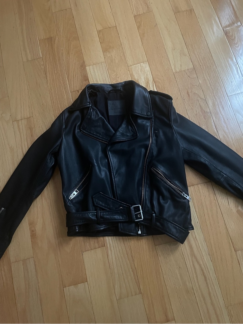 All Saints Black Leather Biker Jacket with Waist Belt